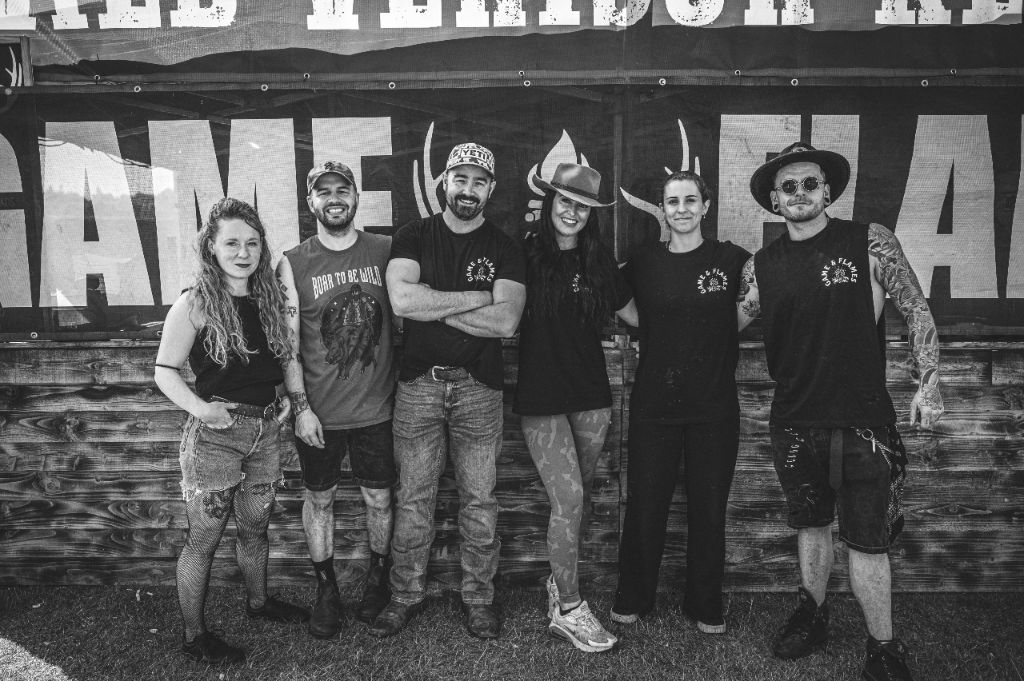 Game and Flames festival crew in black and white group shot