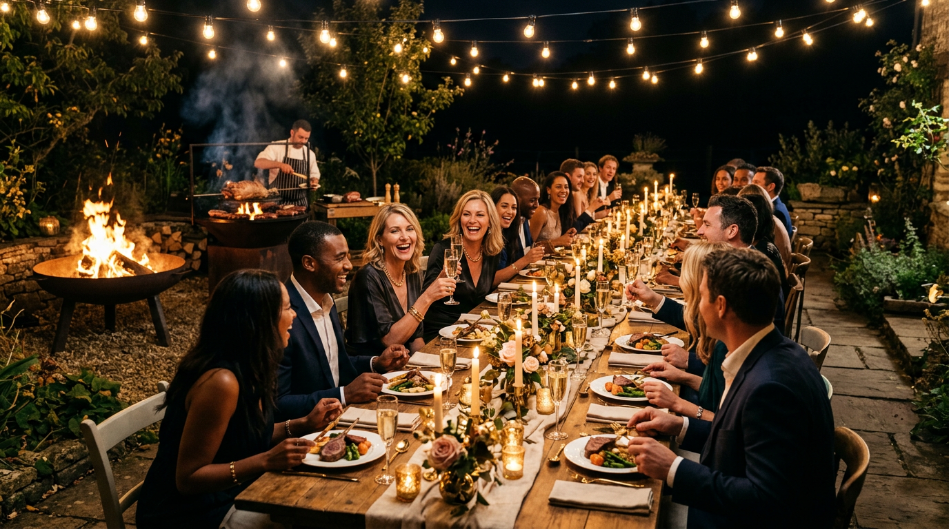 Birthday celebration with outdoor fire cooking and festoon lights