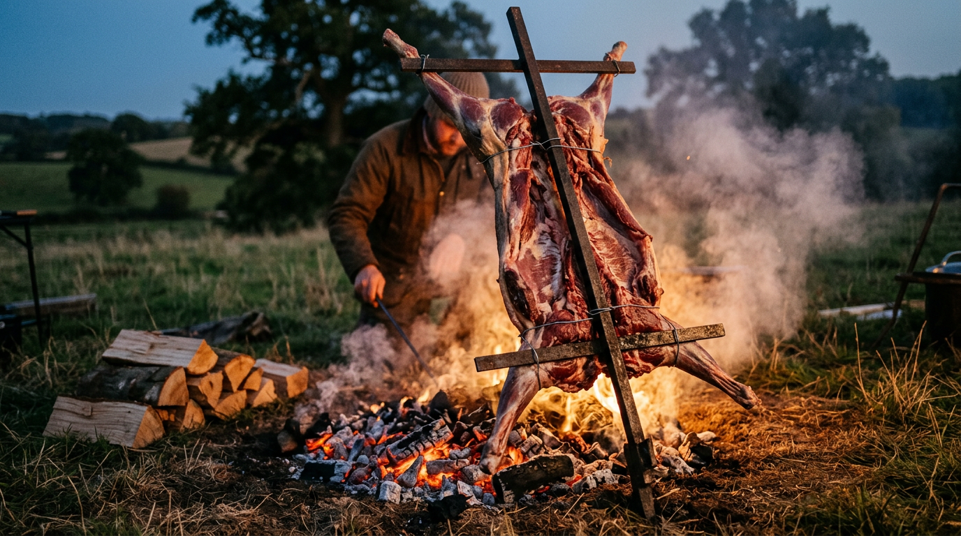 Whole deer on Argentine asado cross cooking over glowing embers at dusk