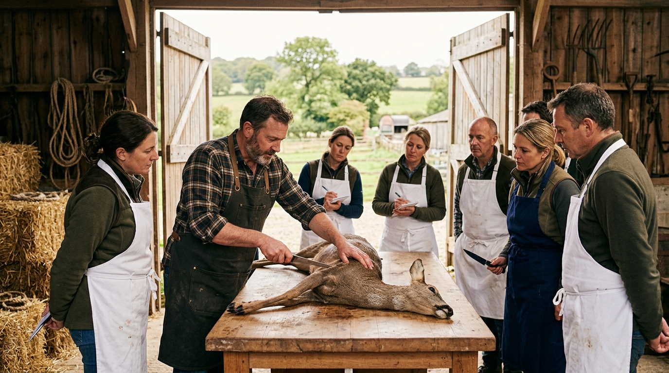 Group learning butchery skills at an outdoor workshop with a whole deer carcass on a wooden table