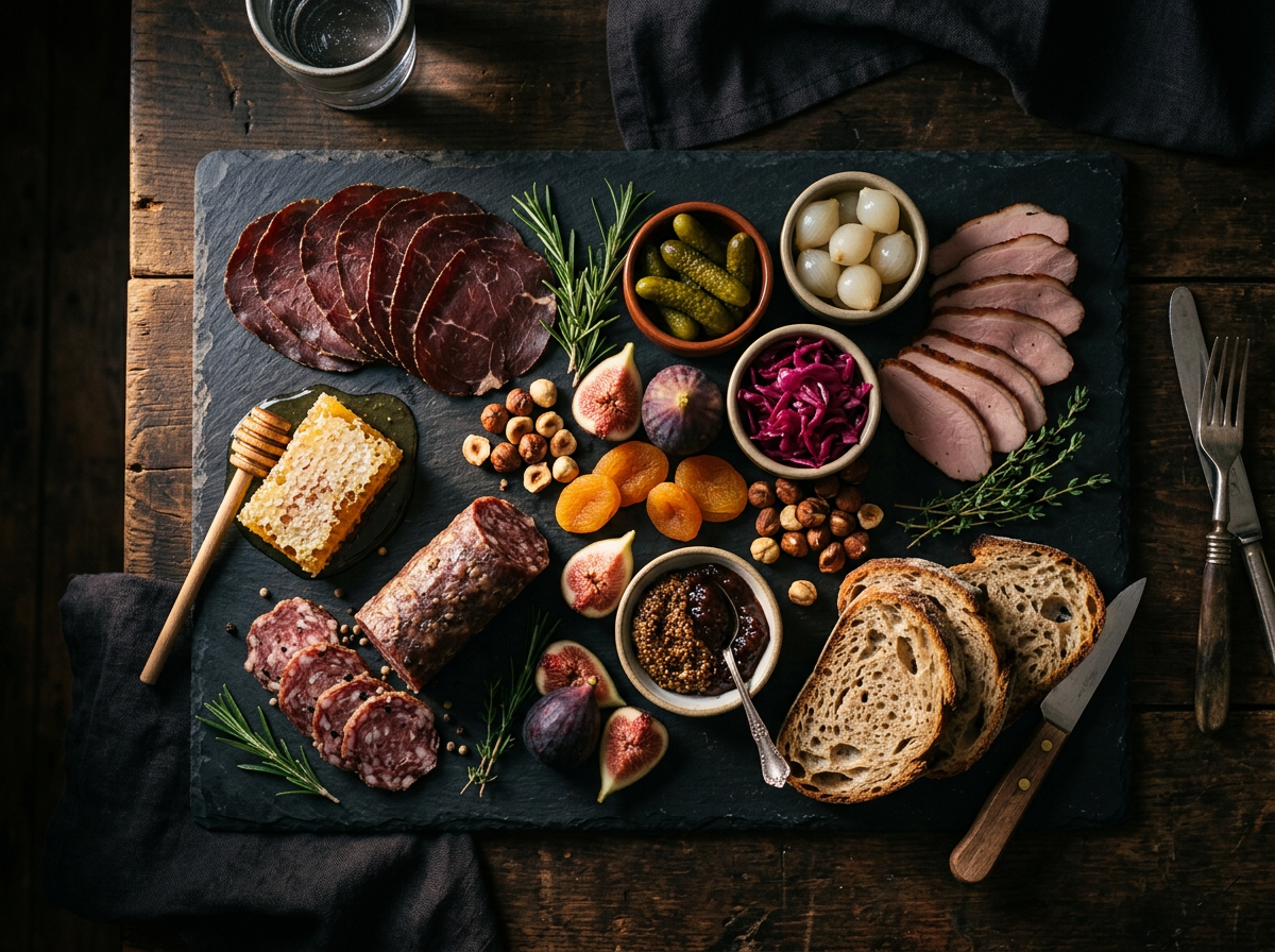 Wild game charcuterie spread with cured meats and accompaniments