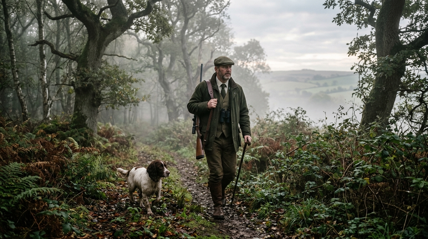 A deer stalker walking through misty British woodland at dawn with rifle and hunting dog