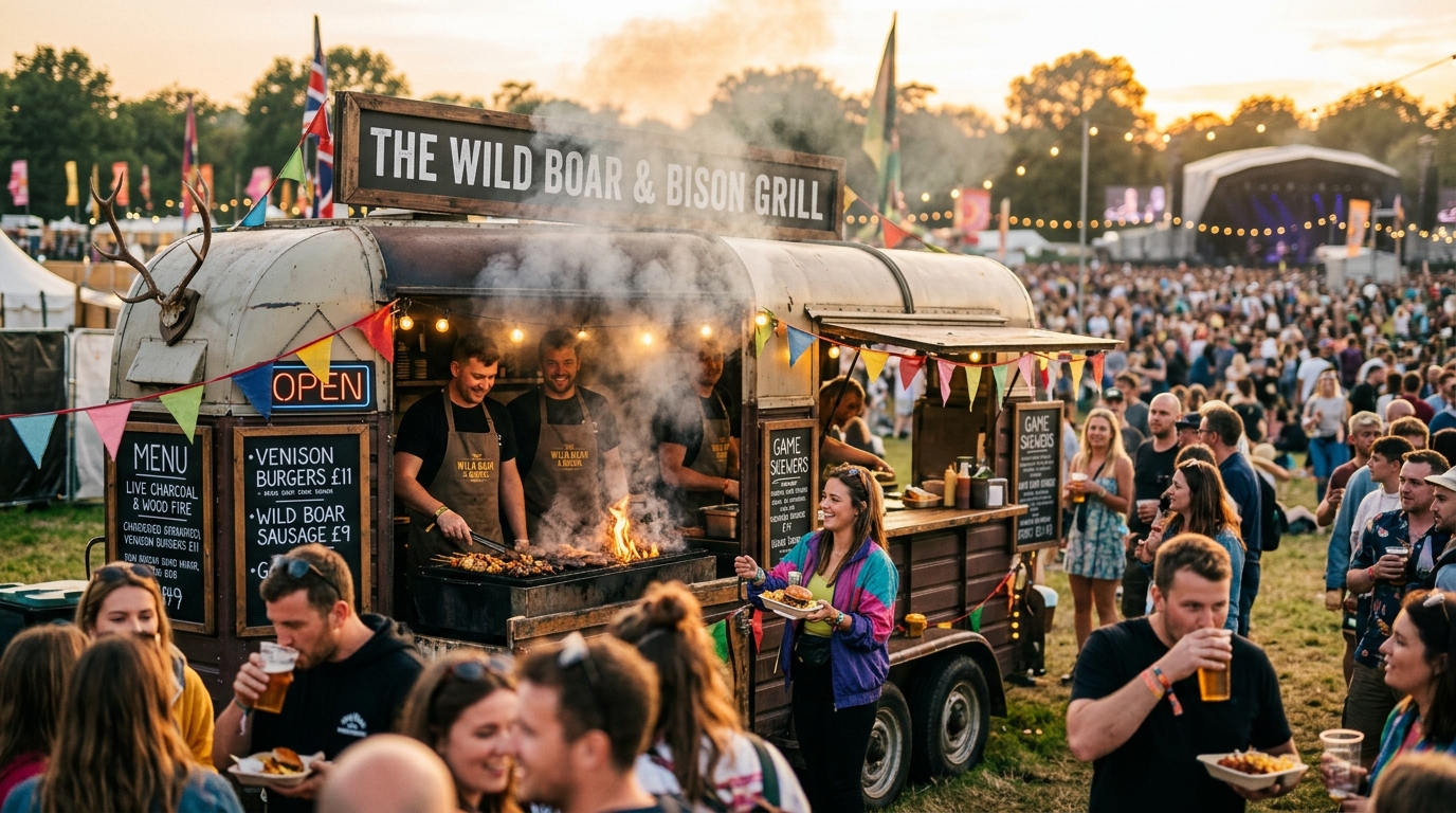 Busy wild game food truck serving crowds at a UK festival with smoke rising from the fire grill