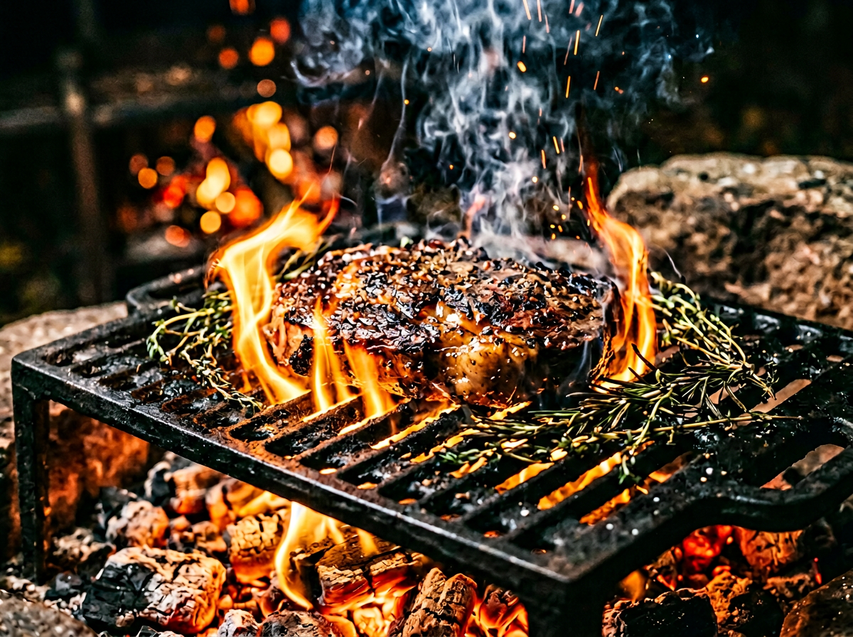 Live fire cooking at a corporate event with flames and outdoor setup