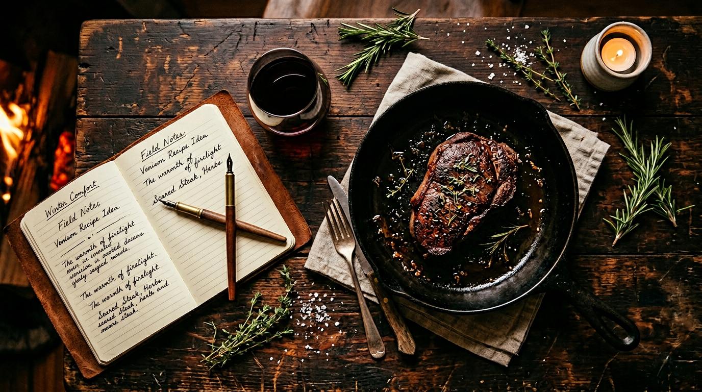 Rustic table with venison, notebook and wine - stories from the fire