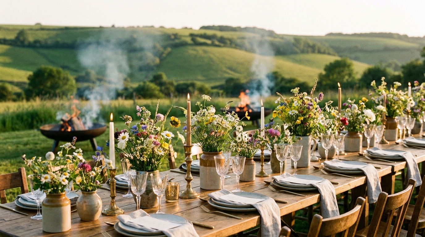 Outdoor feast table with fire-roasted vegetables, salads and sharing dishes at golden hour