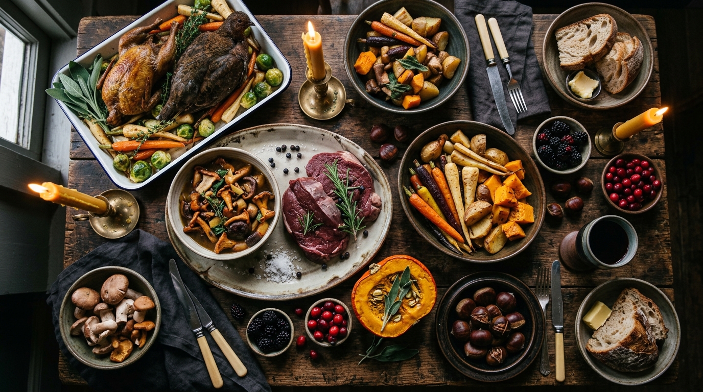 Seasonal autumn harvest spread with wild venison, mushrooms, root vegetables, and game birds on a rustic table