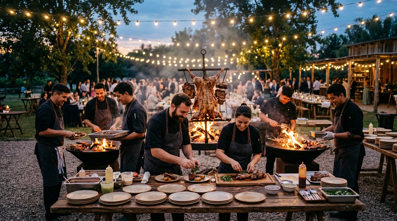 Team of chefs working together around fire pits at an outdoor wedding venue at dusk with fairy lights