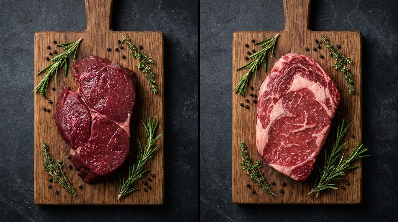 Side by side comparison of wild venison steak and beef steak on wooden cutting boards with herbs