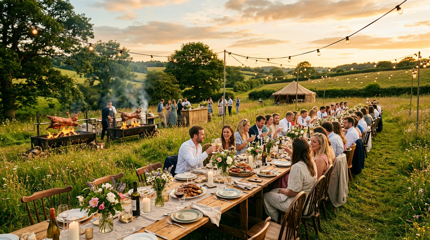 Outdoor wedding feast with fire pits and rustic banquet table at golden hour