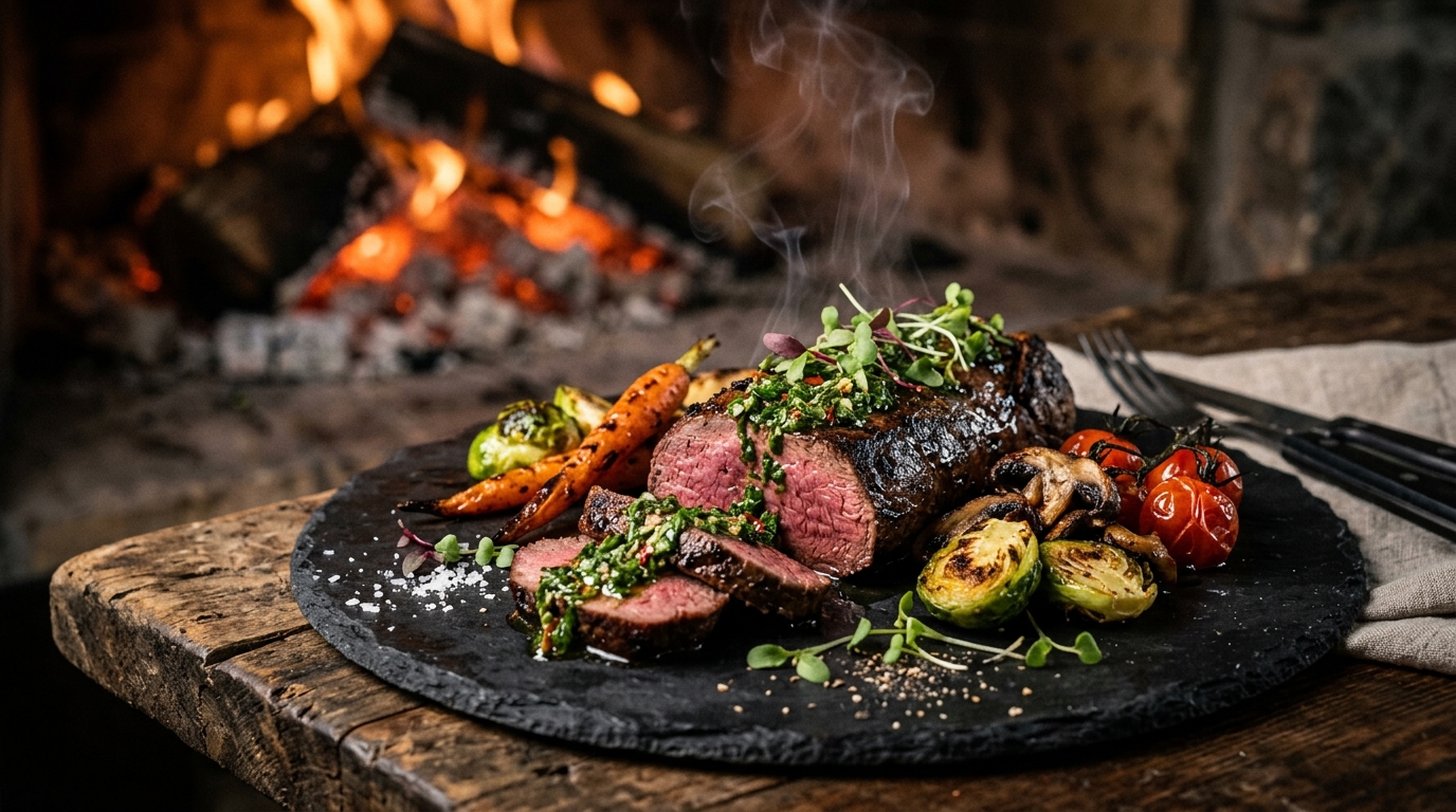 Dramatic wild venison dish with chimichurri sauce, charred vegetables and smoke over glowing embers