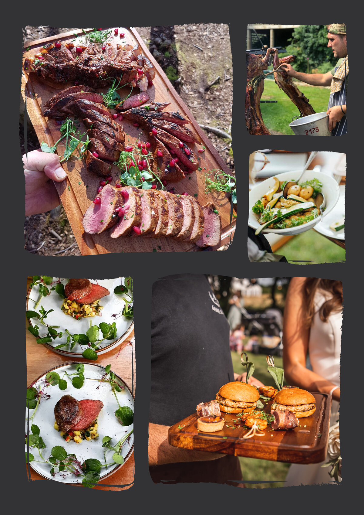 Premium fire-cooked venison board with plated dishes and gourmet burgers from the GNF corporate brochure