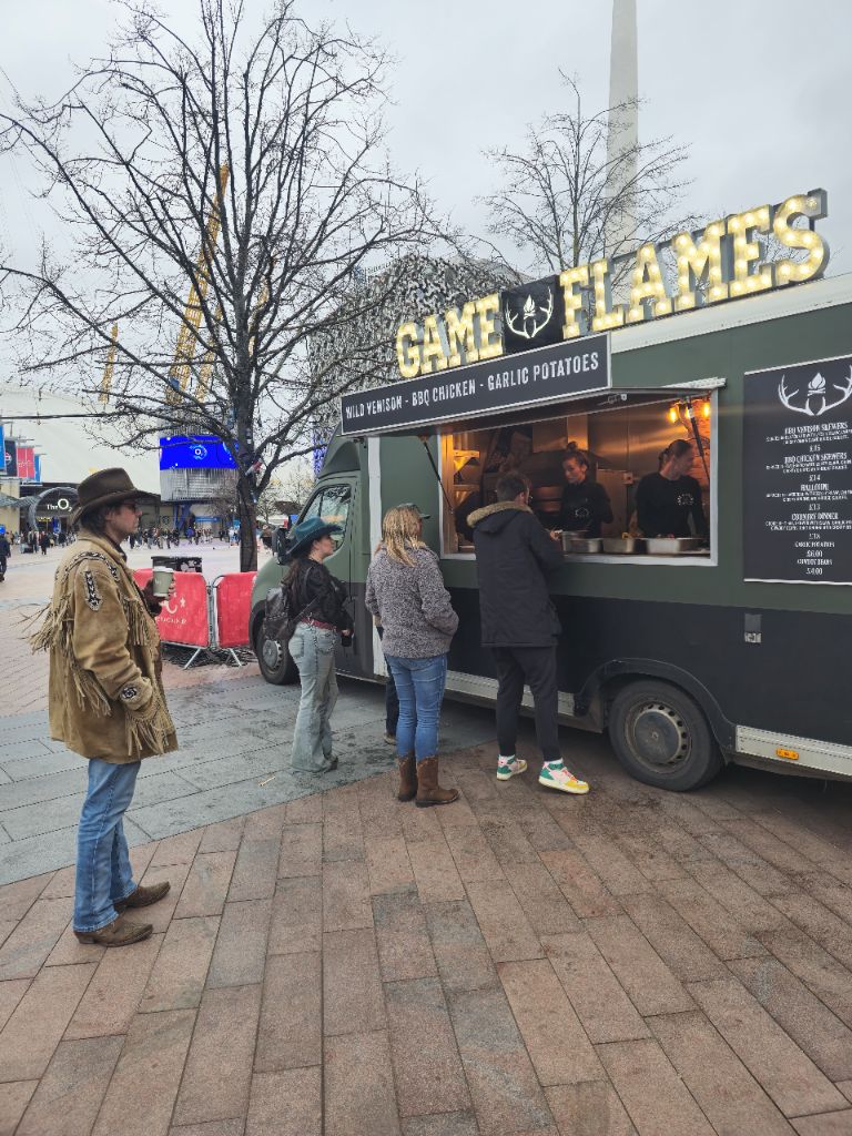 Game and Flames truck at The O2 with O2 arena in background