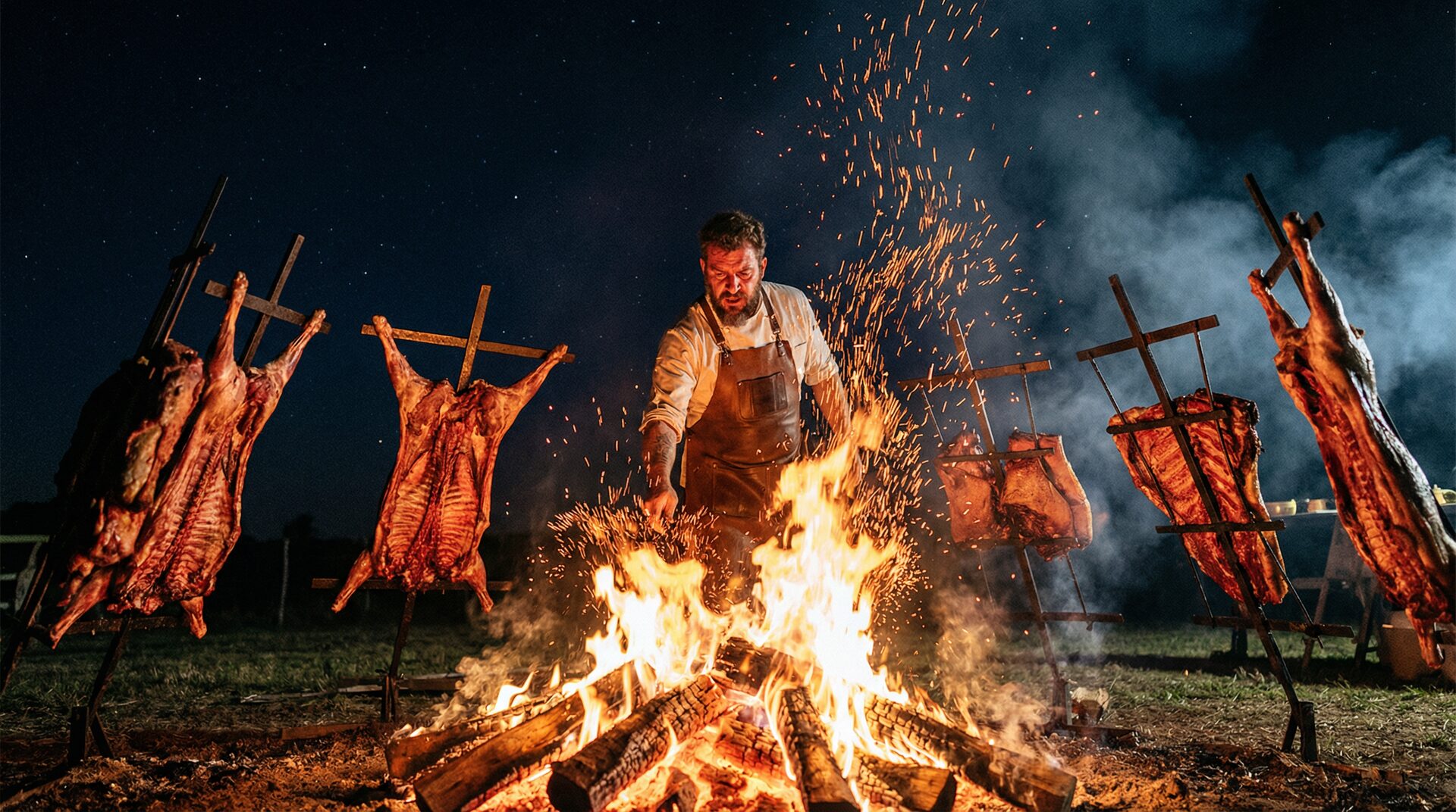 Live fire cooking at night