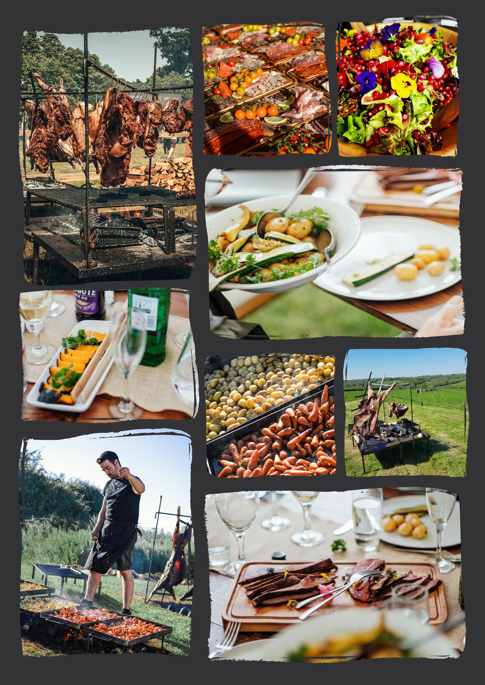 Full wedding spread with asado, salads, plated food