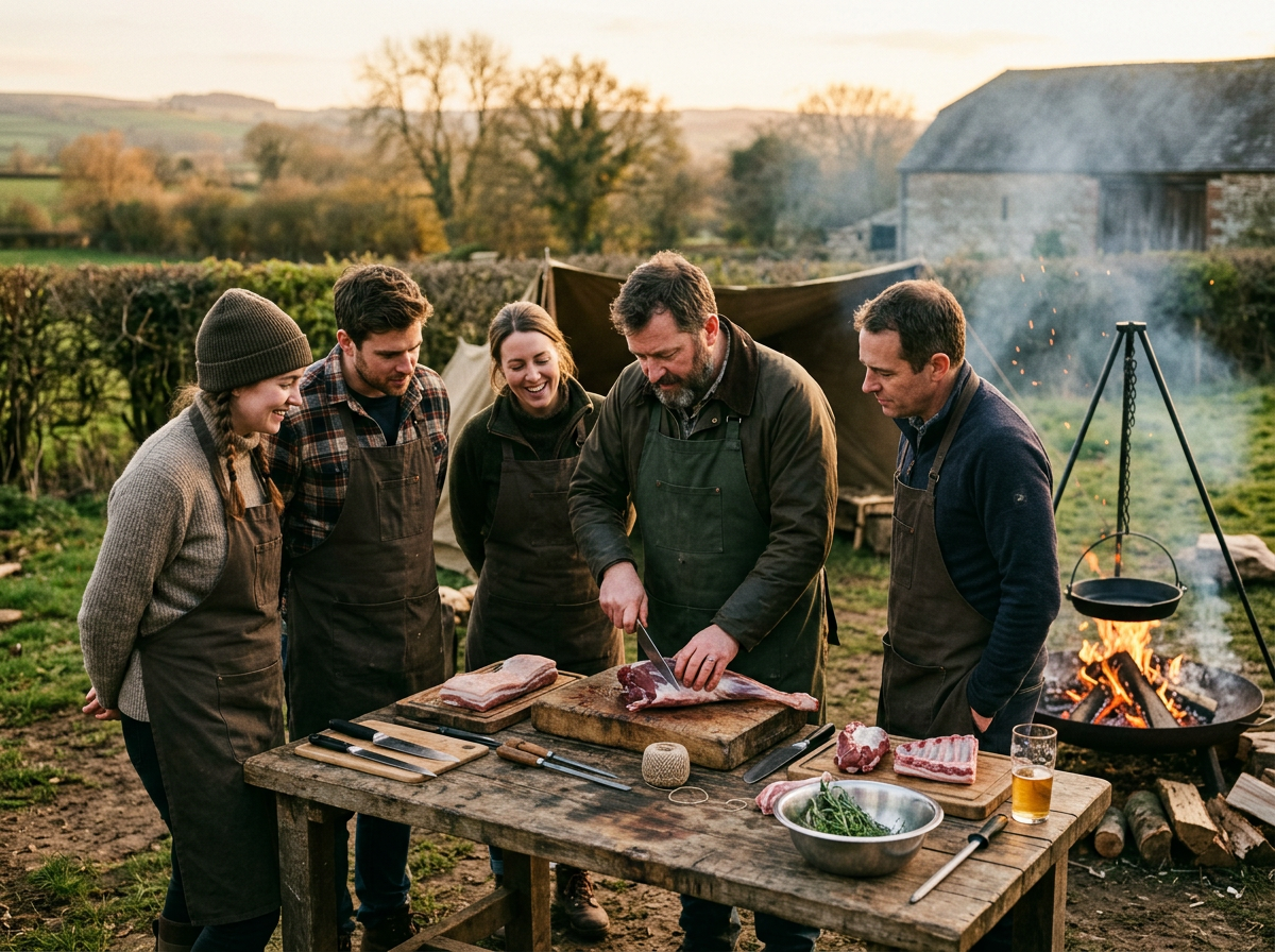 Small group learning butchery skills around a campfire